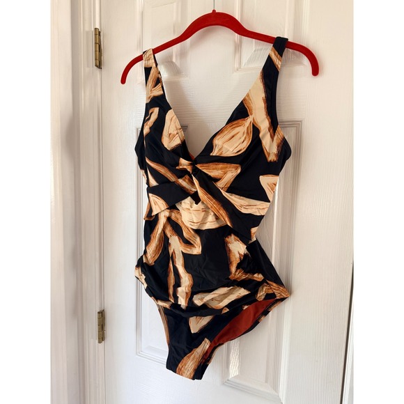 DKNY One Piece Swimsuit Black Abstract Print Twisted V Neck Women's Size Large - Picture 2 of 4